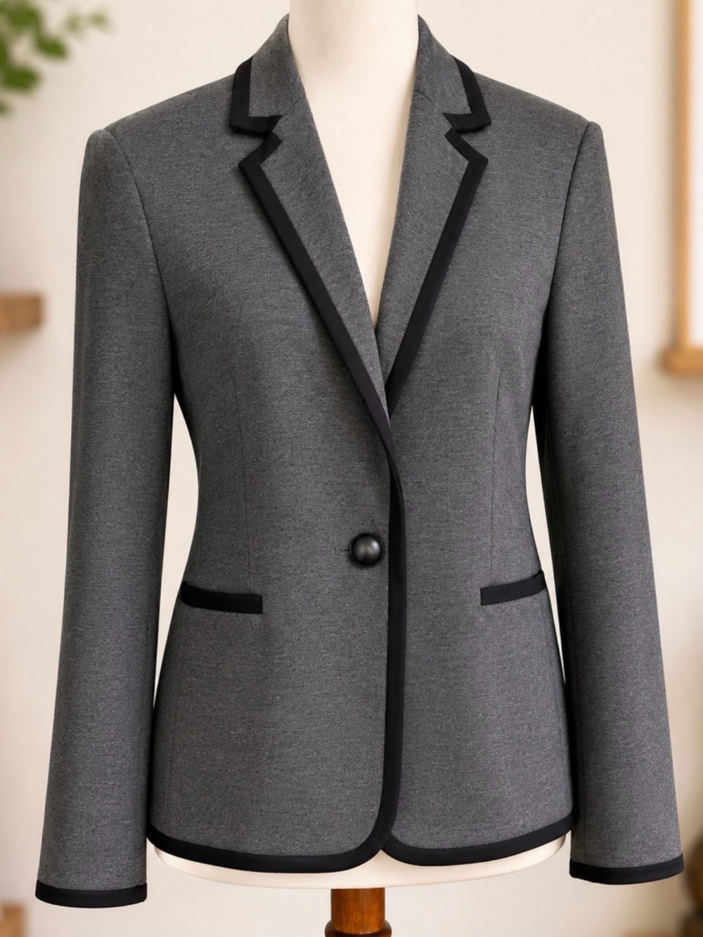 Express Gray Knit Blazer Black Trim One-Button Career Jacket Petite Small